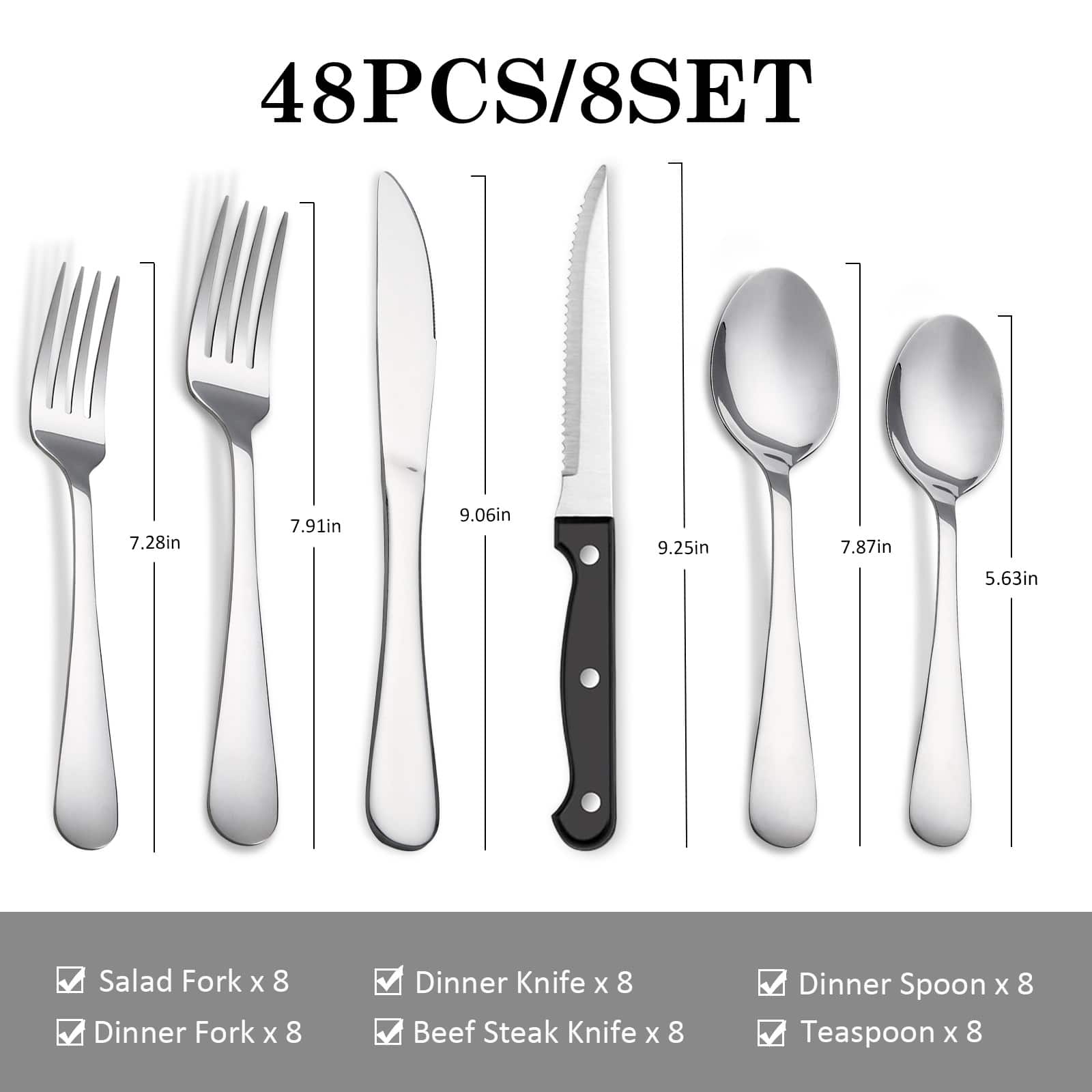 KOOMADE - 24/48PCS Flatware Set Steak Knives Kitchen Utensils and Cutlery of High Quality Construction - Silver 48-Piece Set