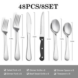 KOOMADE - 24/48PCS Flatware Set Steak Knives Kitchen Utensils and Cutlery of High Quality Construction - Silver 48-Piece Set