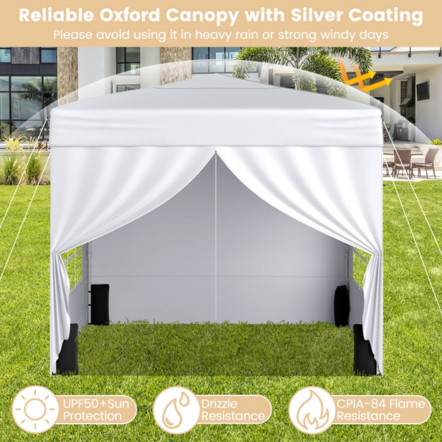 Reliable Oxford Canopy with Silver Coating  
Please avoid using it in heavy rain or strong windy days  

- UPF50+ Sun Protection  
- Drizzle Resistance  
- CPIA-84 Flame Resistance