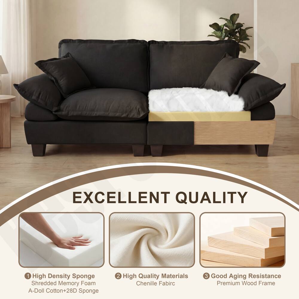EXCELLENT QUALITY

1. High Density Sponge  
   Shredded Memory Foam  
   A-Doll Cotton + 28D Sponge

2. High Quality Materials  
   Chenille Fabric

3. Good Aging Resistance  
   Premium Wood Frame