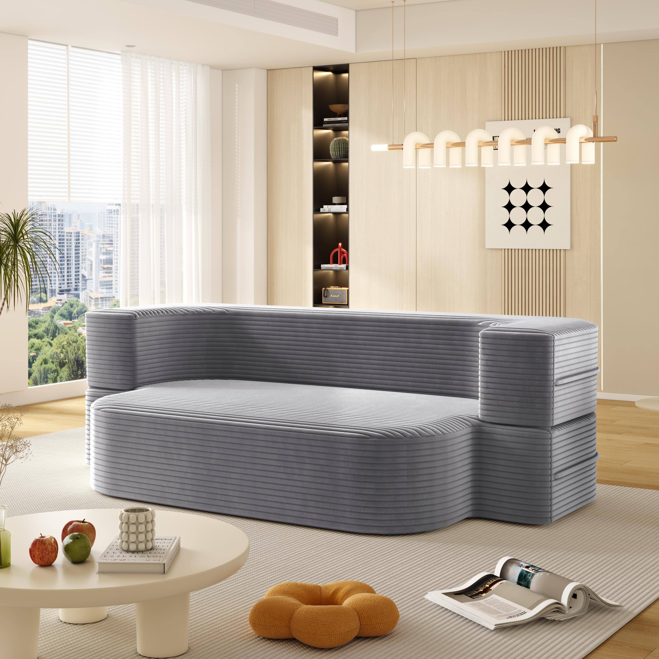 Alt View 5. APRILSOUL - Modern 2 in 1 Foldable Sofa Functional Blanket 2 Pillows Plush Corduroy Convertible Sleeper - GREY.