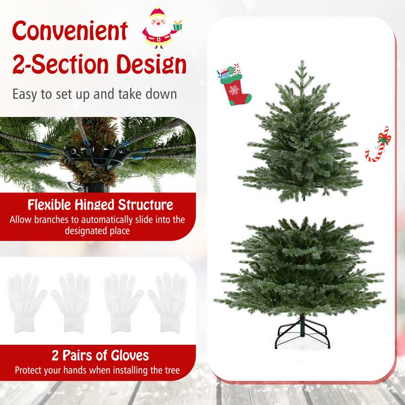 Convenient 2-Section Design  
Easy to set up and take down  

Flexible Hinged Structure  
Allow branches to automatically slide into the designated place  

2 Pairs of Gloves  
Protect your hands when installing the tree