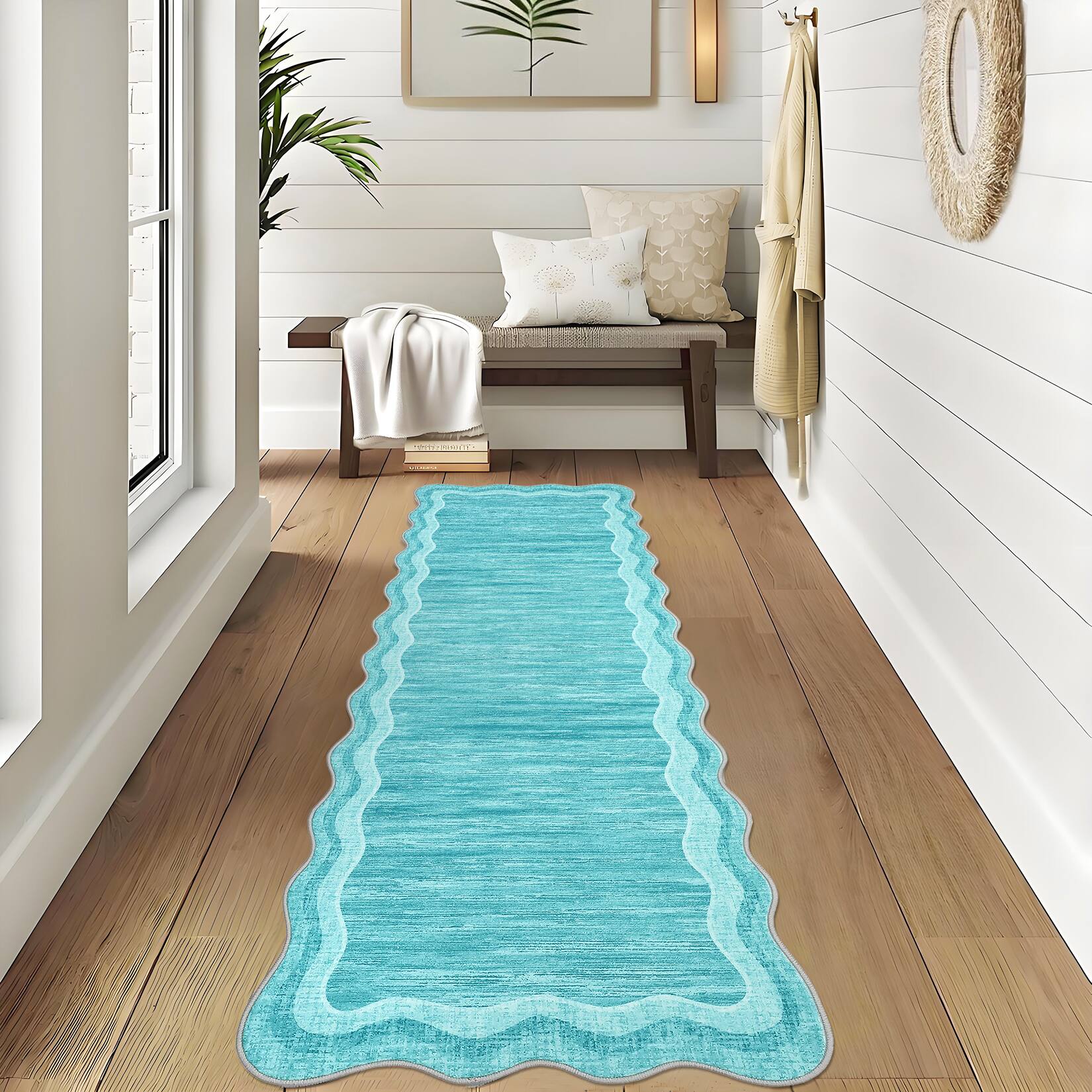 Front. GARVEE - Modern Solid Color Area Rug Low Pile Machine Washable Non Slip Stain Resistant Carpet for Bedroom Kitchen Dining Room - Blue Green.