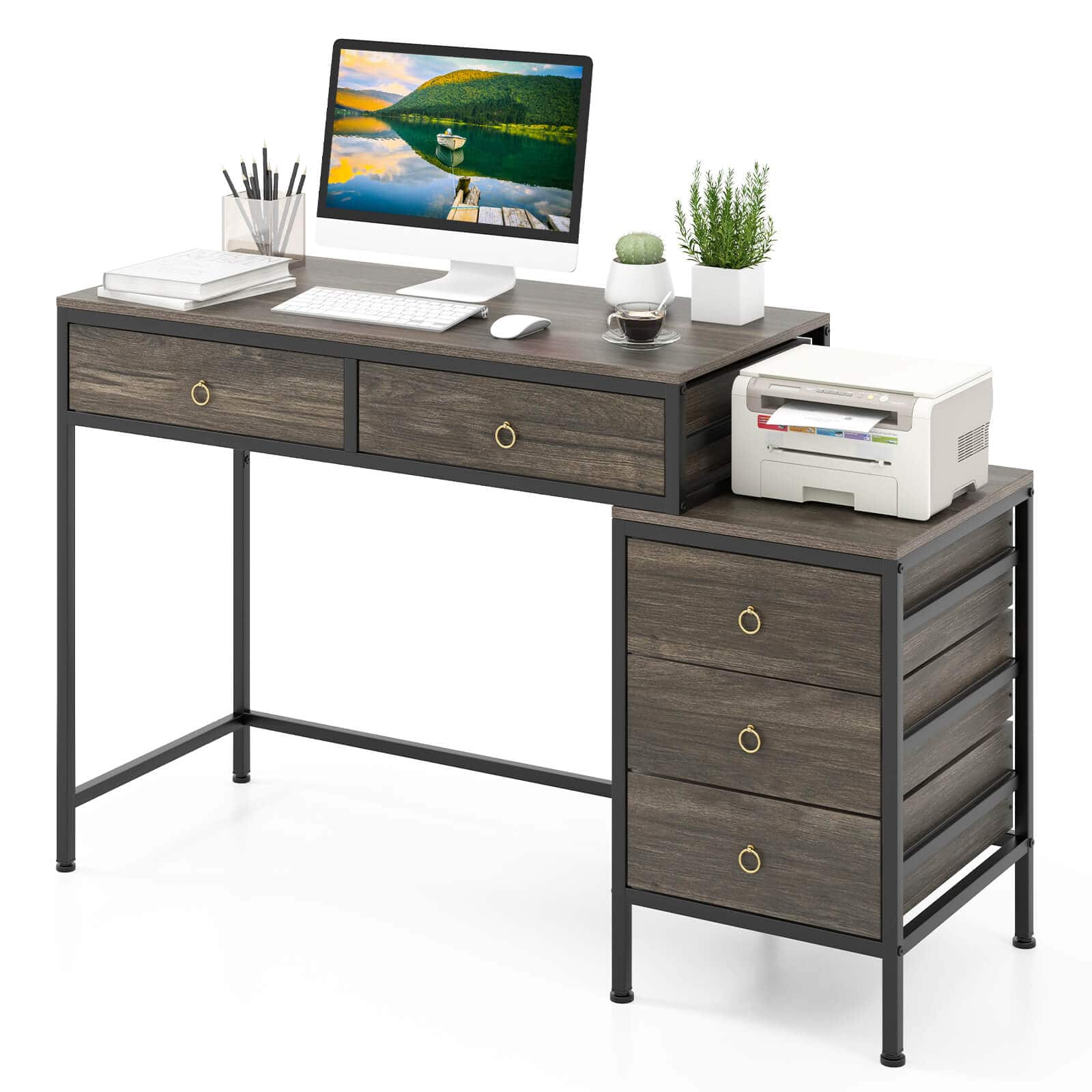 Costway - Computer Desk with 5 Drawers, Side File Cabinet, Heavy-duty Metal Frame for Office - Gray & Black