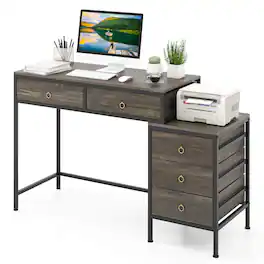 Costway - Computer Desk with 5 Drawers, Side File Cabinet, Heavy-duty Metal Frame for Office - Gray & Black
