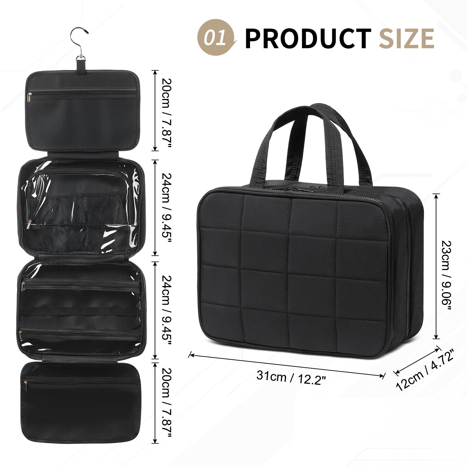 01 PRODUCT SIZE

- 20cm / 7.87"
- 24cm / 9.45"
- 24cm / 9.45"
- 20cm / 7.87"
- 31cm / 12.2"
- 23cm / 9.06"
- 12cm / 4.72"