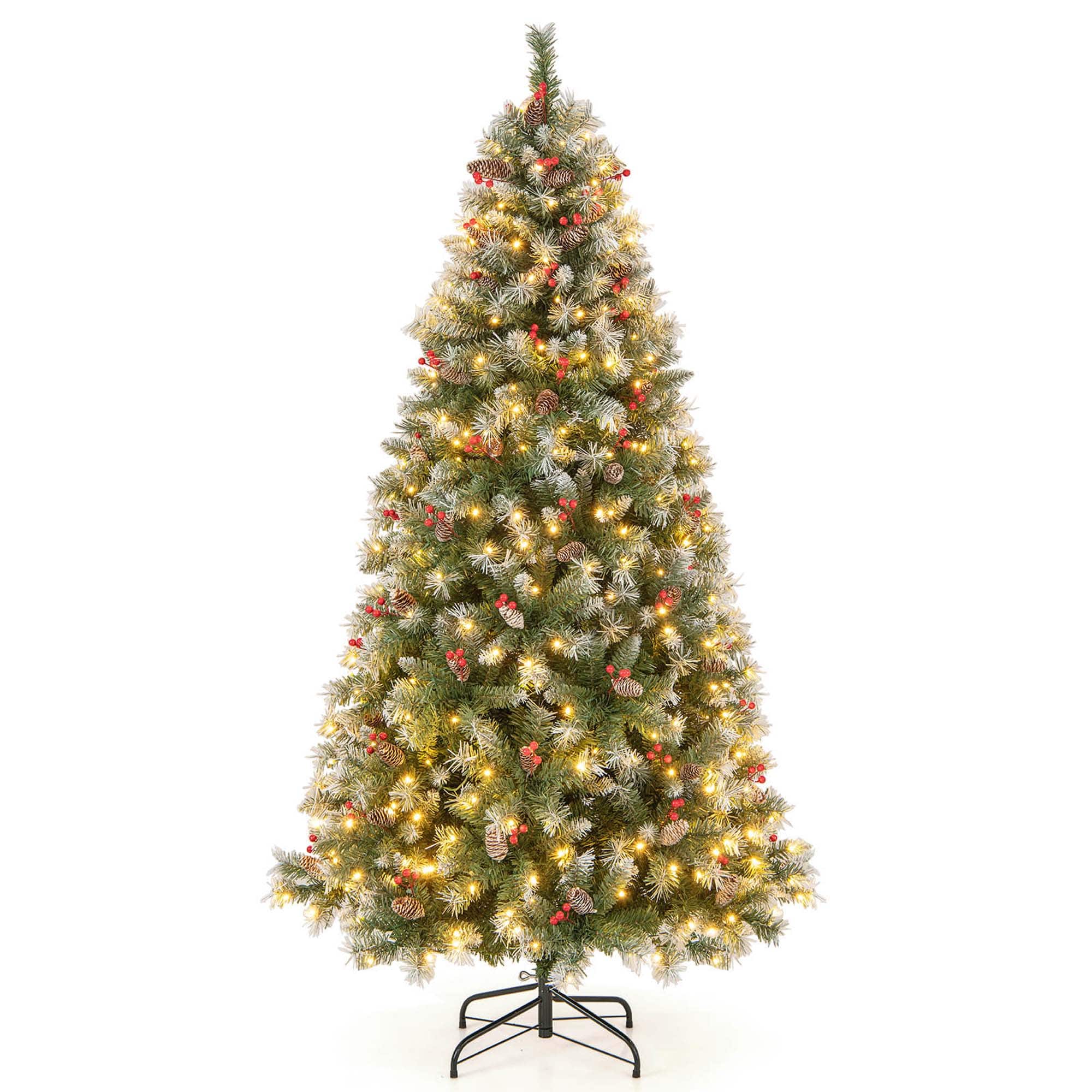 Costway - 7.5 FT Artificial Christmas Tree Hinged with 560 Warm LED Lights & 267 Red Berries - Green/White