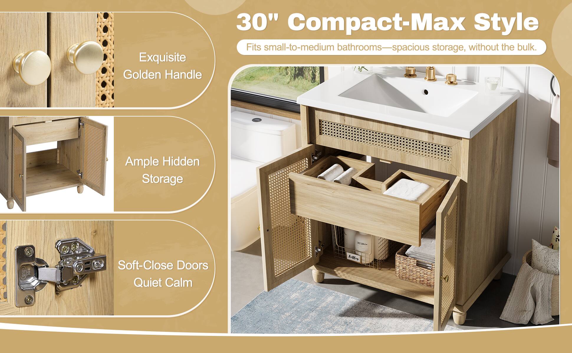 30" Compact-Max Style  
Fits small-to-medium bathrooms—spacious storage, without the bulk.

- Exquisite Golden Handle
- Ample Hidden Storage
- Soft-Close Doors Quiet Calm