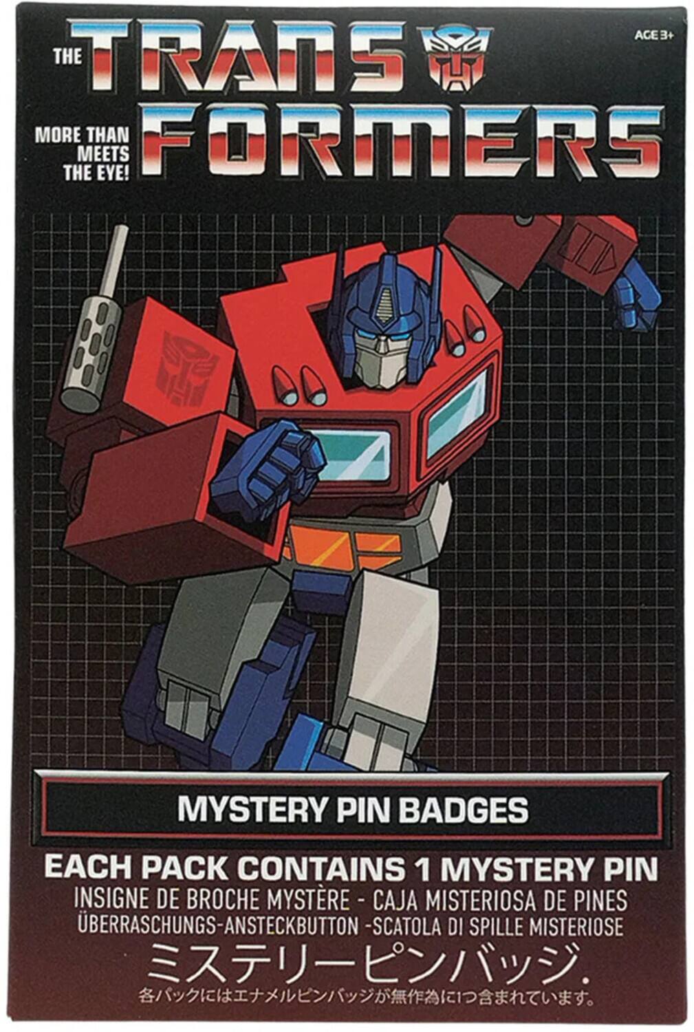 **The Transformers**

**More than meets the eye!**

**Mystery Pin Badges**

**Each pack contains 1 mystery pin**

- Insigne de broche mystère
- Caja misteriosa de pines
- Ubberraschungs-Ansteckbutton
- Scatola di spilli misteriosi
- ミステリーピンバッジ (Misterī pinbajji)
- 各パックにはエンamelピンバッジが無作為に1つ含まれています。 (Kakupaku ni wa enamel pinbajji ga muzō-teki ni hitotsu haitteimasu.)