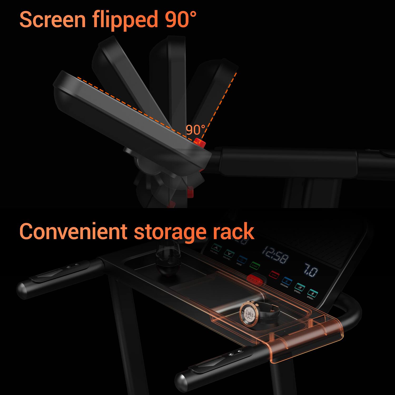 Screen flipped 90°  
Convenient storage rack