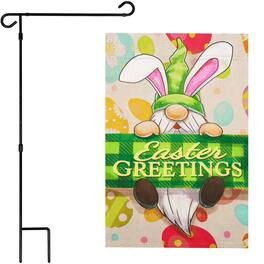 G128 - Combo Pack: 36 x 16 in Garden Flag Stand & 12 x 18 in Double-Sided Happy Easter Gnome Flag - Multicolor