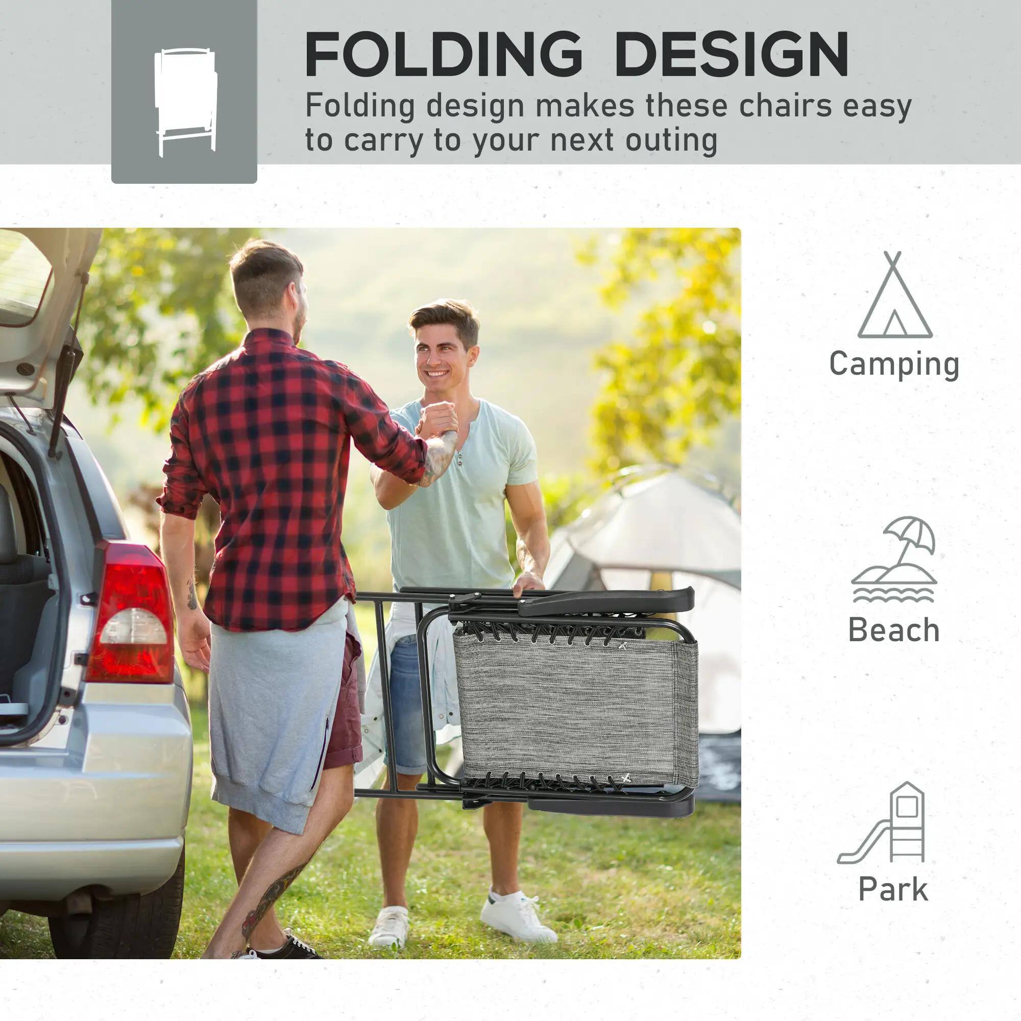 FOLDING DESIGN  
Folding design makes these chairs easy to carry to your next outing  

Camping  
Beach  
Park