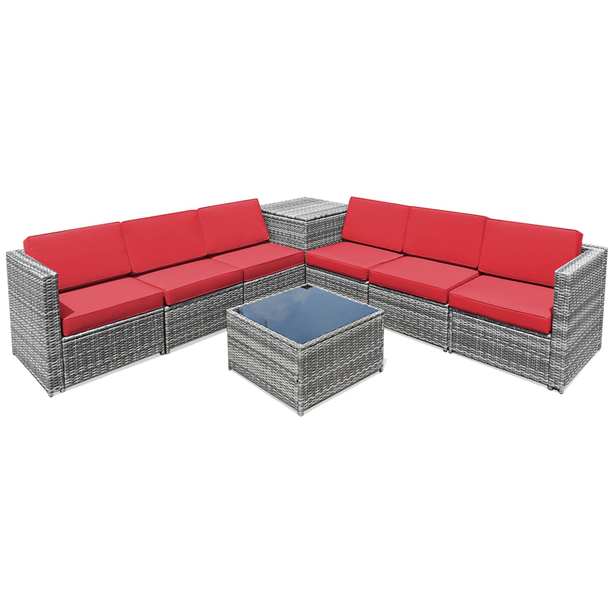 Alt View 4. Gymax - Gymax 8PCS Patio Rattan Sofa Sectional Conversation Furniture Set w/ Red Cushion - Red.