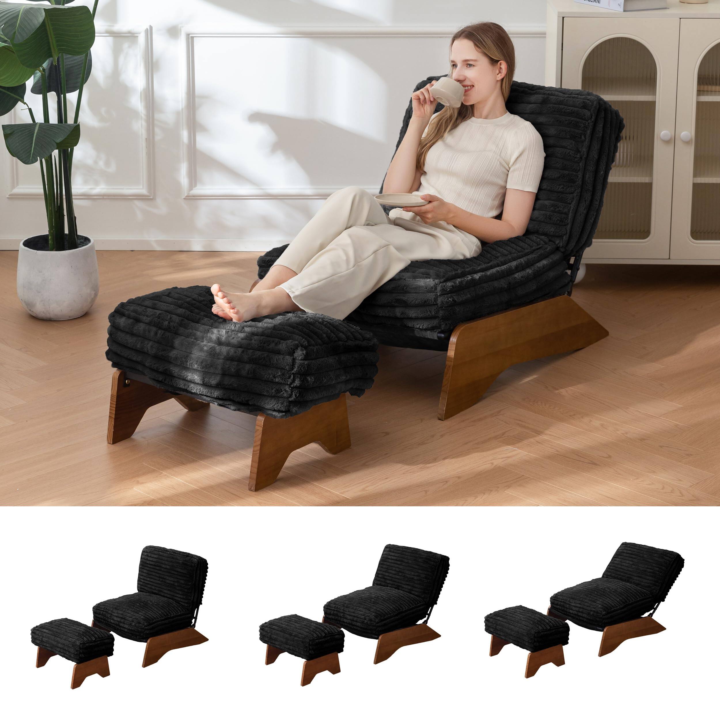 Fabibe - Modern Adjustable Accent Chair with Ottoman, Upholstered Living Room Chair with Footrest Set, Soft Reclining Lounge - Black Large