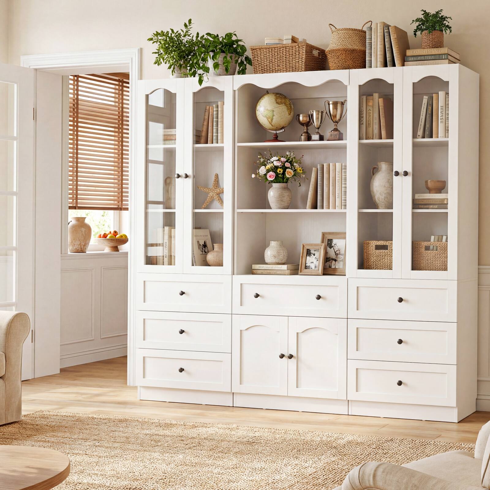 Alt View 3. Aheaplus - 102.2''W Bookcase with Drawers and Glass Doors, 80'' Tall Bookshelf with Adjustable Shelves for Storage & Organization - White.