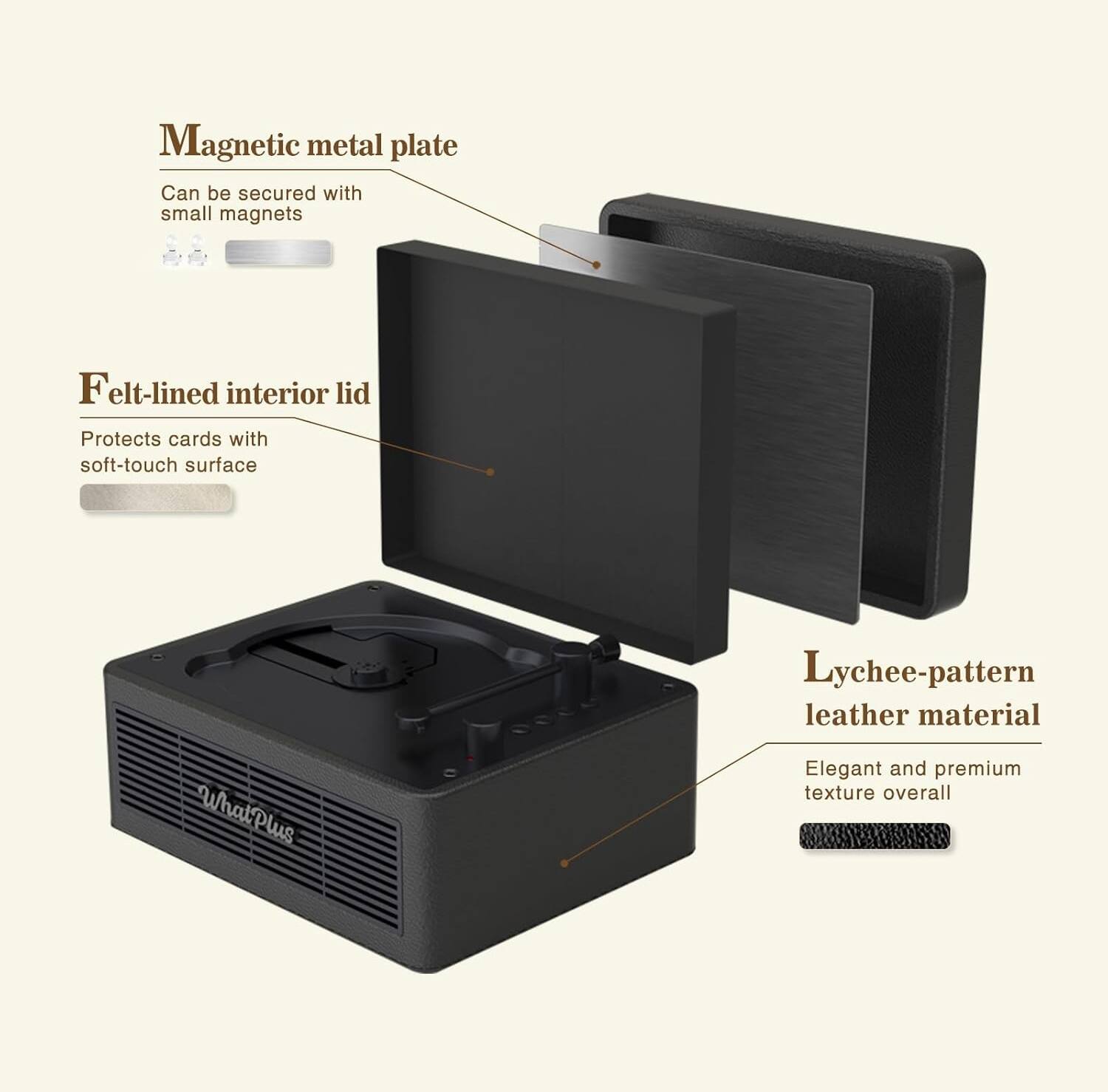 - Magnetic metal plate: Can be secured with small magnets
- Felt-lined interior lid: Protects cards with soft-touch surface
- Lychee-pattern leather material: Elegant and premium texture overall