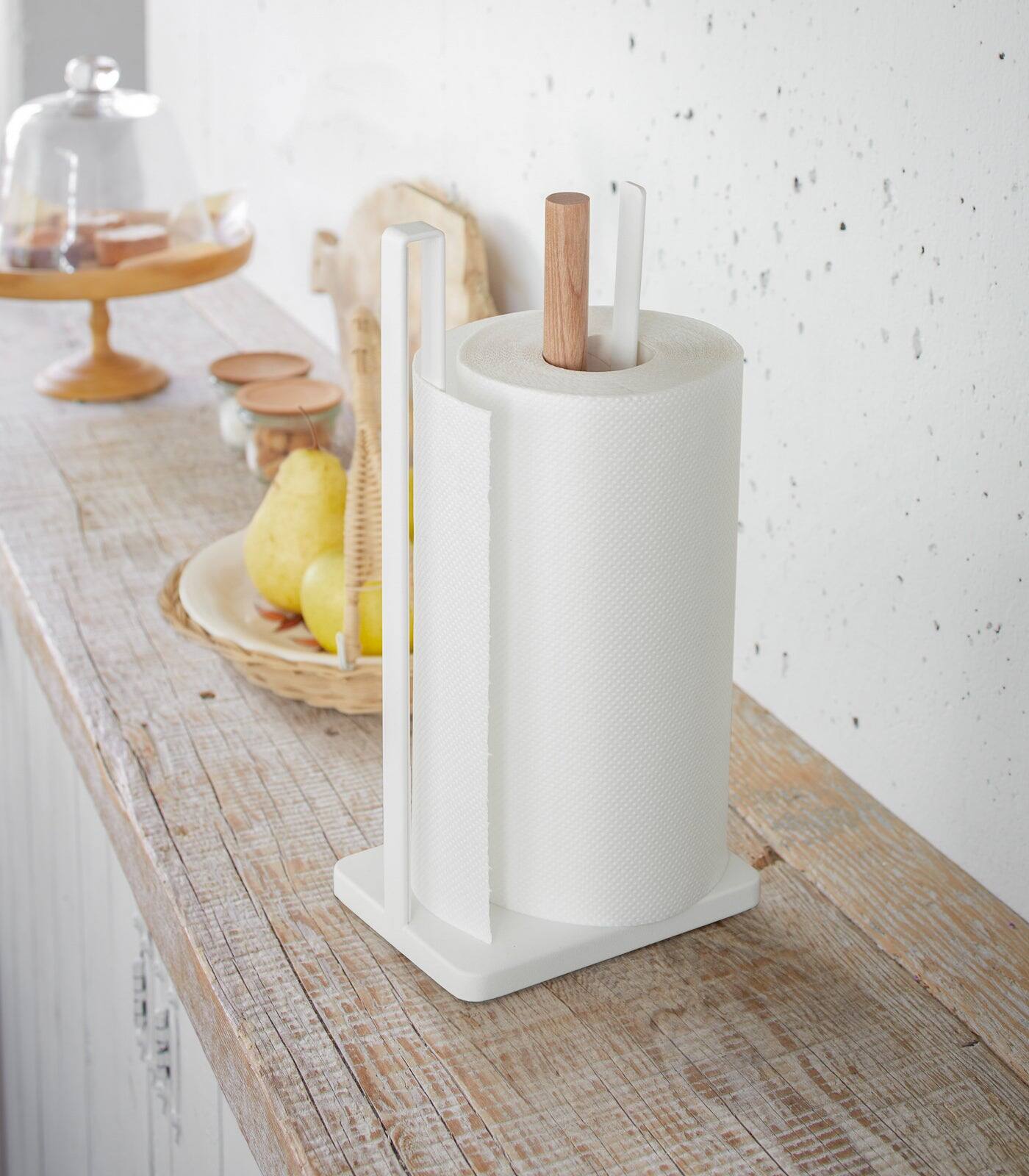 Angle. Yamazaki Home - Paper Towel Holder - Steel + Wood - White.