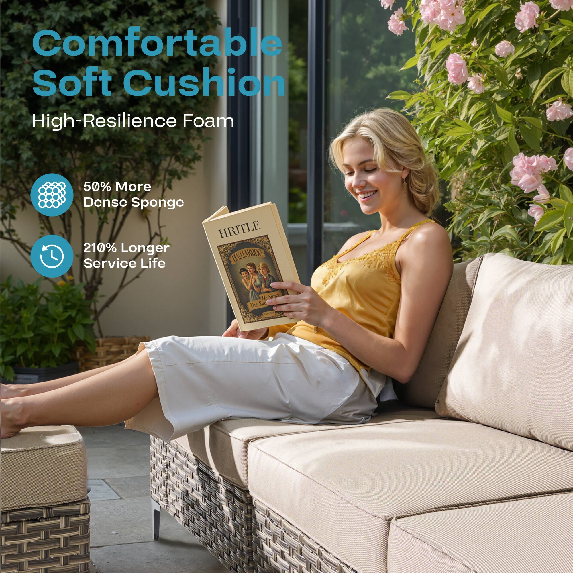 Comfortable Soft Cushion  
High-Resilience Foam  

50% More Dense Sponge  
210% Longer Service Life  

HRITLE  
The Sun