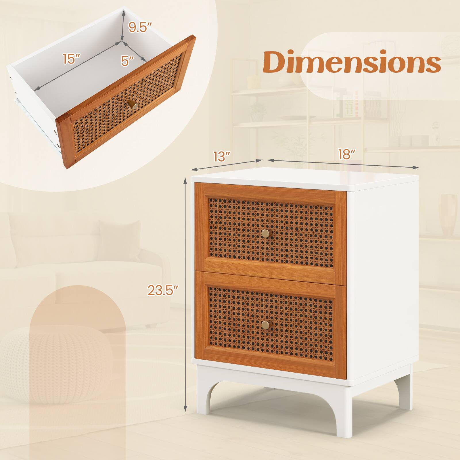 Dimensions: 15", 9.5", 5", 13", 18", 23.5"