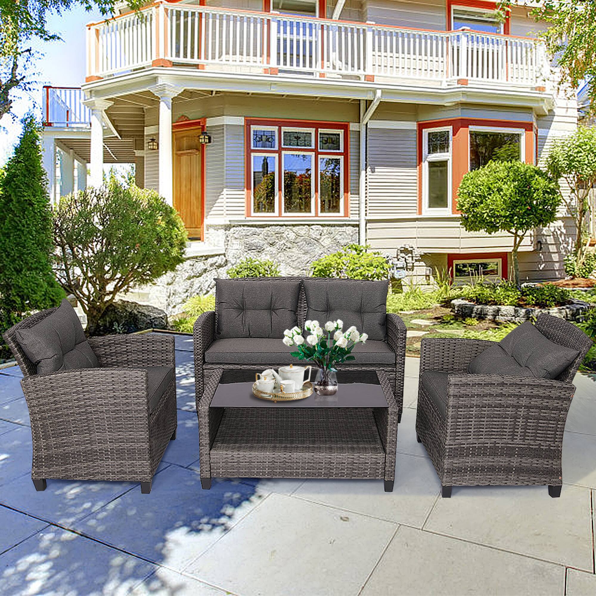 Front. Gymax - Gymax 4PC Rattan Patio Conversation Set Cushioned Outdoor Furniture Set - Gray.