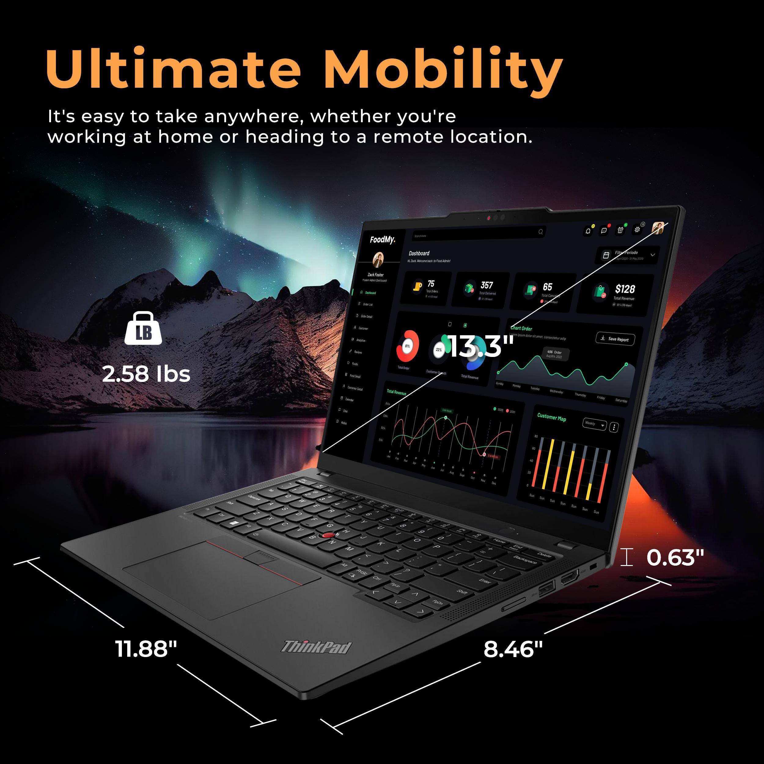 Ultimate Mobility  
It's easy to take anywhere, whether you're working at home or heading to a remote location.

- 2.58 lbs
- 11.88"
- 8.46"
- 0.63"
- 13.3"
- 75
- 357
- 65
- $128