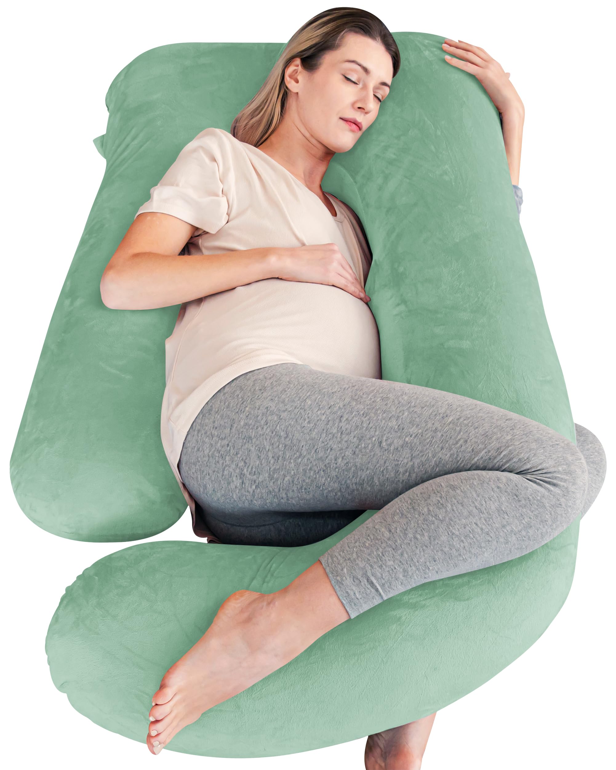Front. Hirose Alice - Pillows Soft U-shape Maternity Pillow With Removable Cover - Full Body For Adults Sleeping Haves 57 Inch - Green 57 inch - Flannel Cover.