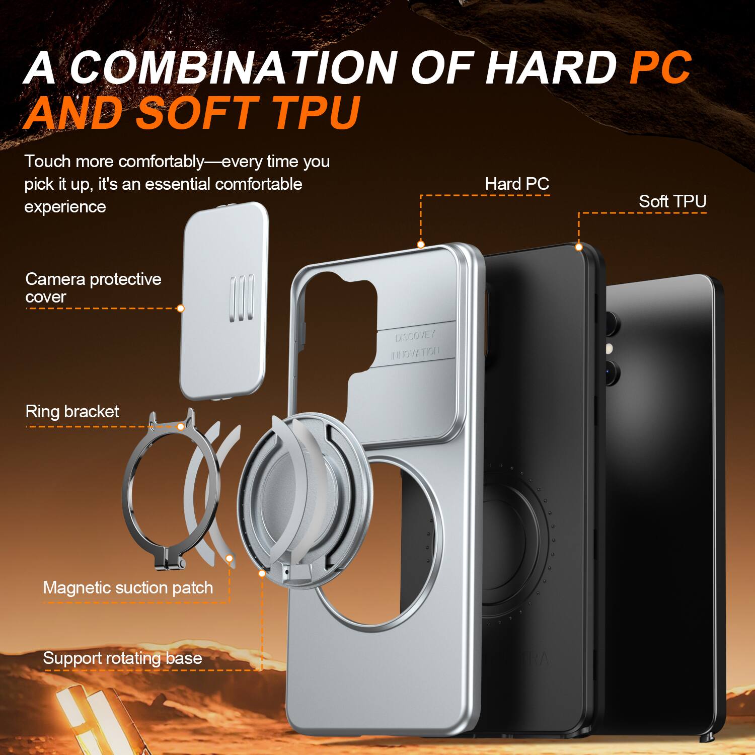 A COMBINATION OF HARD PC AND SOFT TPU

Touch more comfortably—every time you pick it up, it's an essential comfortable experience

Camera protective cover
Ring bracket
Magnetic suction patch
Support rotating base

Hard PC
Soft TPU