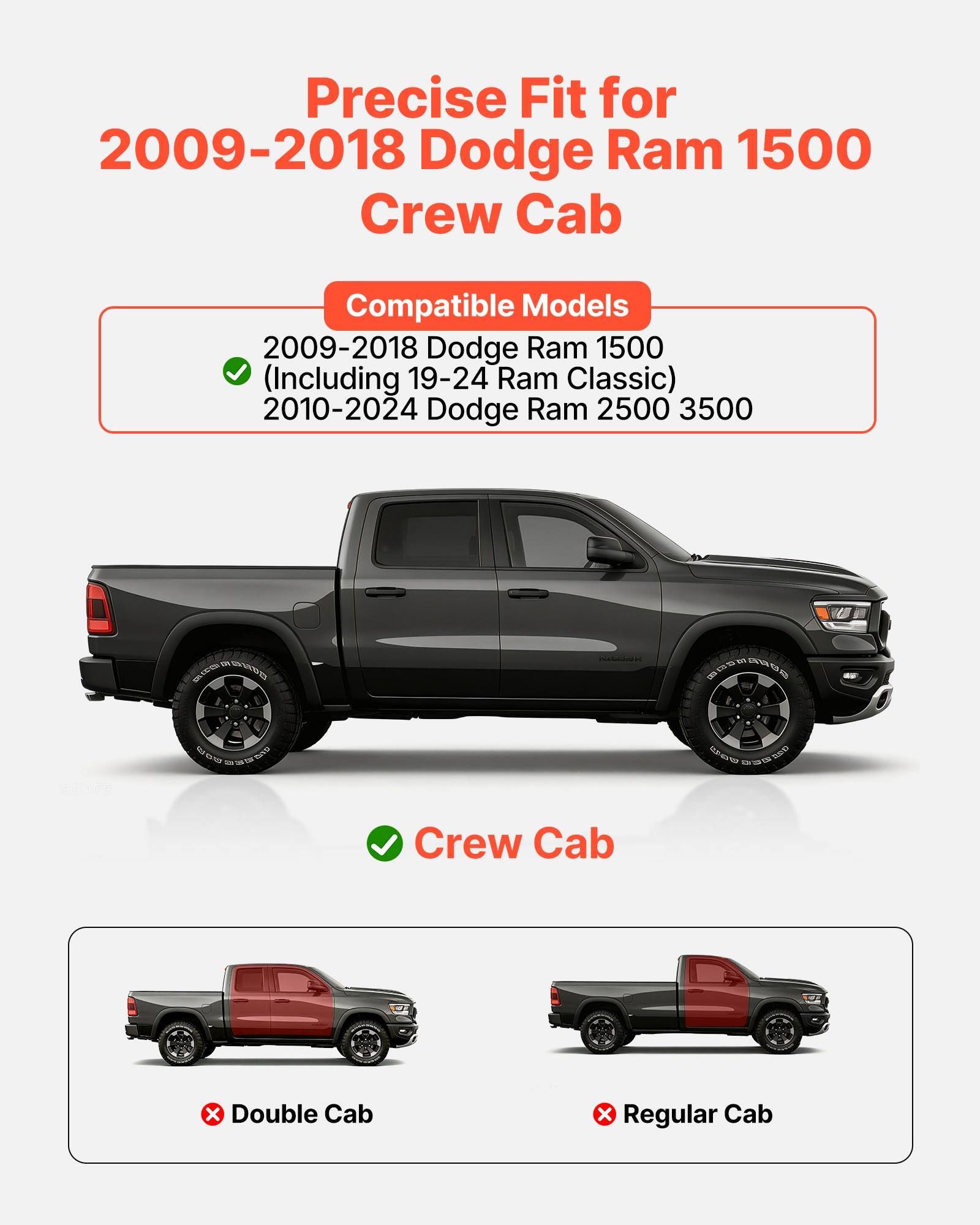 Precise Fit for 2009-2018 Dodge Ram 1500 Crew Cab

Compatible Models
- 2009-2018 Dodge Ram 1500 (Including 19-24 Ram Classic)
- 2010-2024 Dodge Ram 2500 3500

Crew Cab
- Double Cab
- Regular Cab