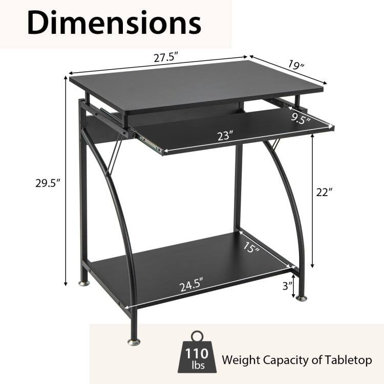 Dimensions: 27.5" x 19" x 23" x 9.5" x 29.5" x 22" x 15" x 24.5" x 3"  
Weight Capacity of Tabletop: 110 lbs