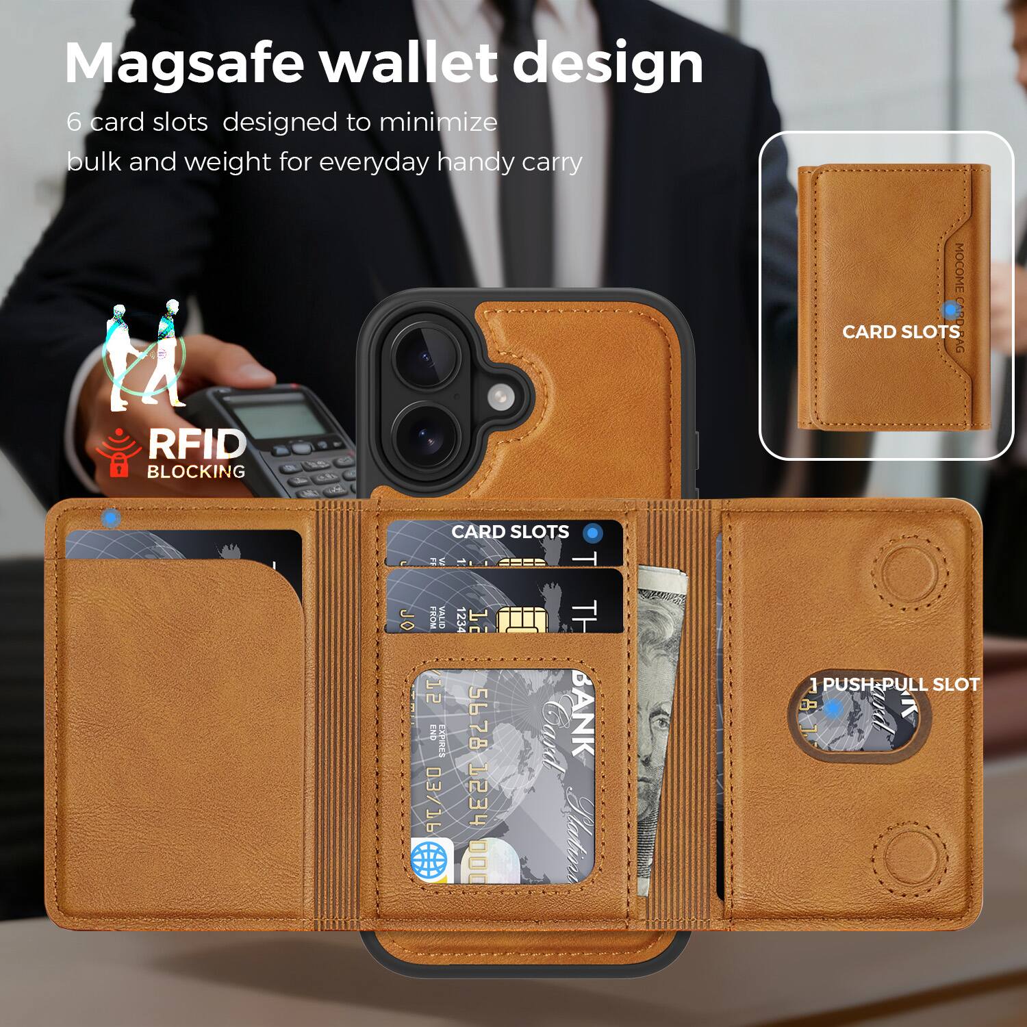 Magsafe wallet design

6 card slots designed to minimize bulk and weight for everyday handy carry

RFID BLOCKING

CARD SLOTS

1 PUSH&PULL SLOT