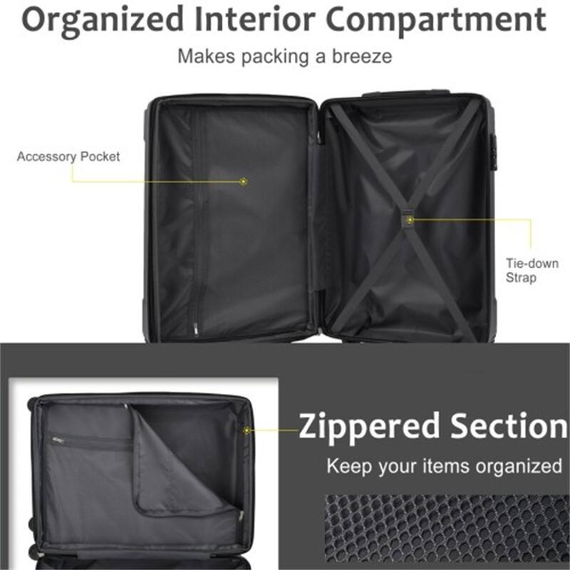 Organized Interior Compartment  
Makes packing a breeze  

Accessory Pocket  
Tie-down Strap  
Zippered Section  
Keep your items organized