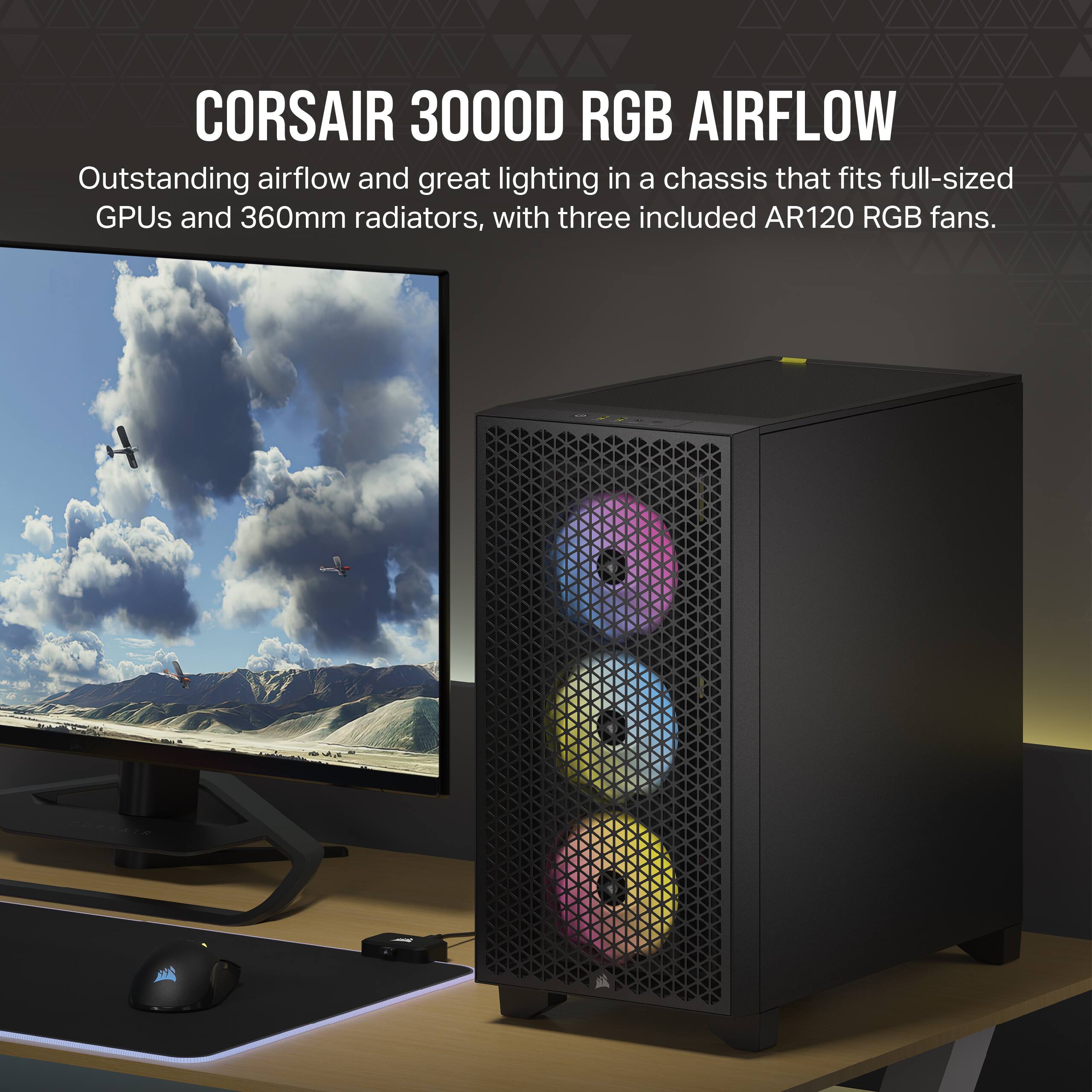 CORSAIR - 3000D RGB Airflow Mid-Tower PC Case, Black, 3 AR12