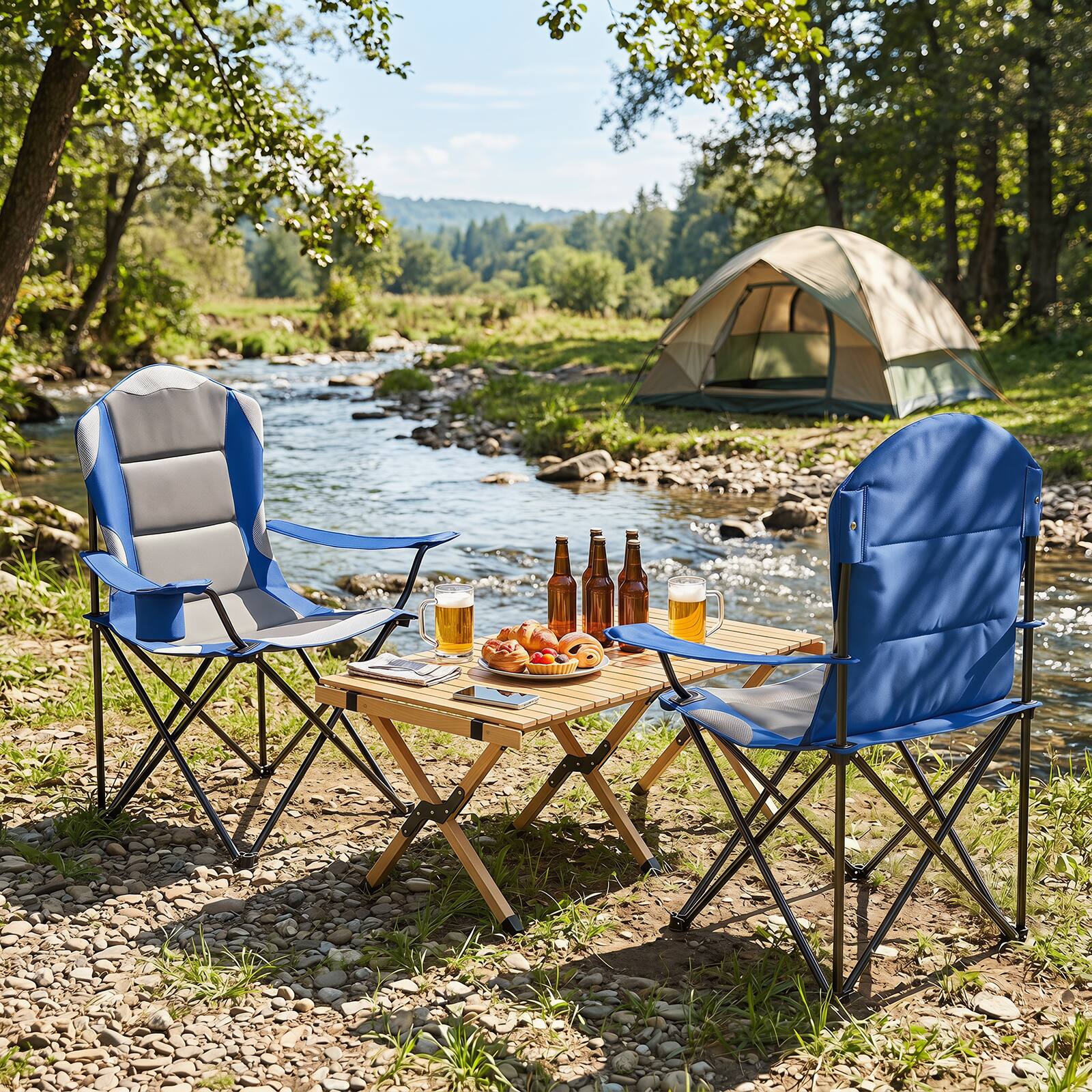 Alt View 3. Gymax - Gymax 2 Pieces Folding Camping Chairs w/ Cup Holders & Carrying Bags Padded Seat Navy Blue & Gray - Blue.