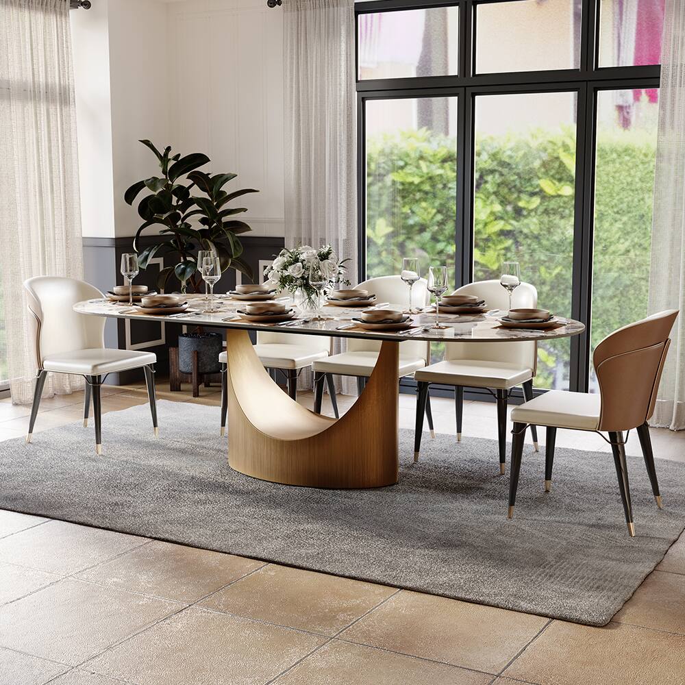 Left. POVISON - 94"Hobart Modern Oval Dining Table for 8-10, Pandora Oval Glossy Sintered Stone Kitchen Table, Bronze Carbon Steel Base - Pandora.