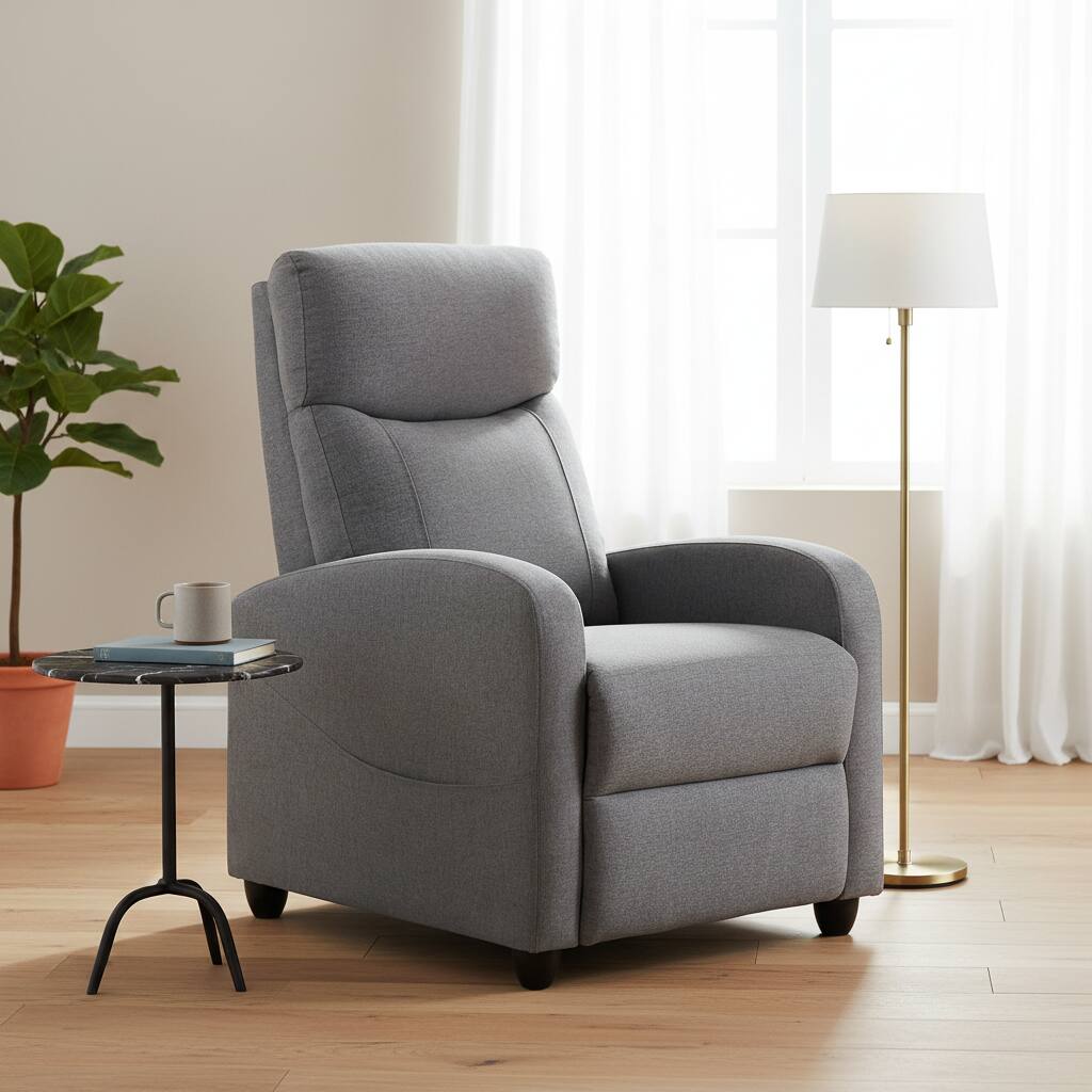 Left. AOITUN - Small Power Recliner Chair, Gray Fabric Single Reclining Sofa with Remote, Modern Compact Living Room Seat - Gray.