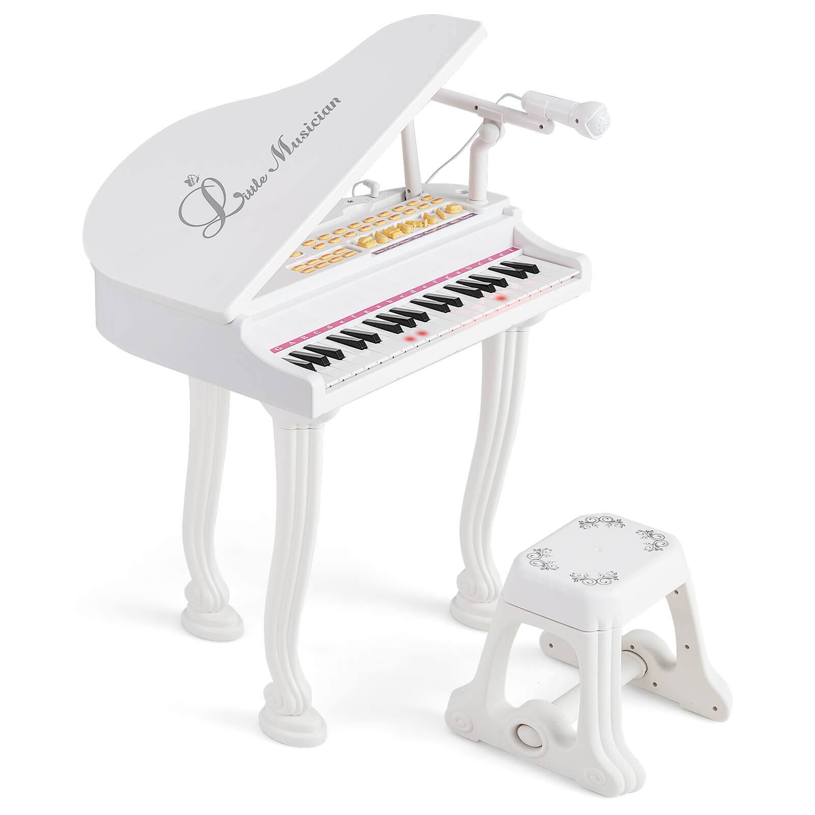 Costway - 37 Keys Kids Piano Keyboard Toy Toddler Musical Instrument w/ Stool & Microphone - White