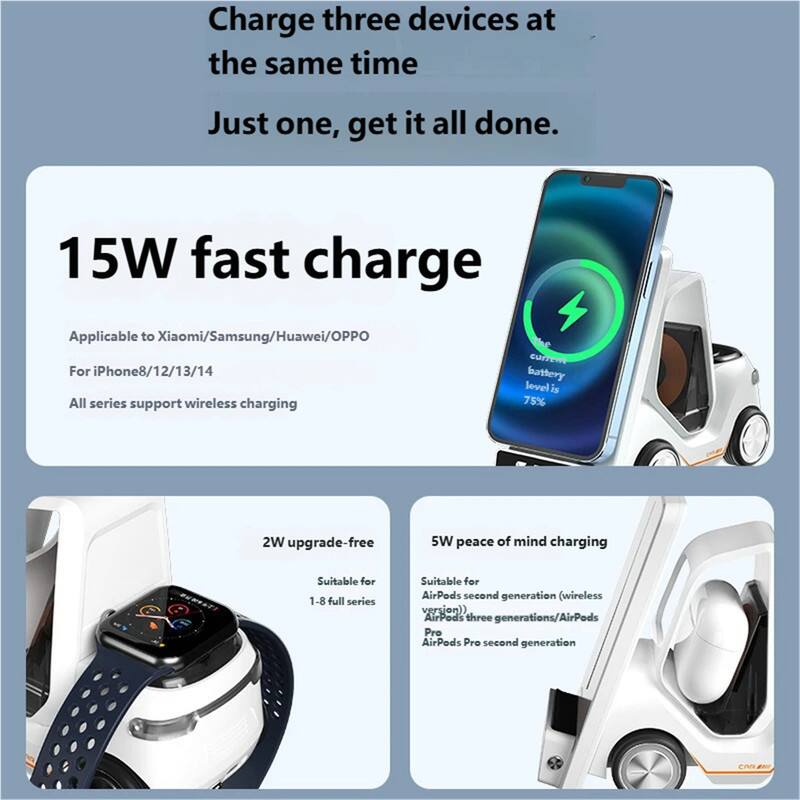 Charge three devices at the same time. Just one, get it all done.

15W fast charge
- Applicable to Xiaomi/Samsung/Huawei/OPPO
- For iPhone8/12/13/14
- All series support wireless charging

2W upgrade-free
- Suitable for 1-8 full series

5W peace of mind charging
- Suitable for AirPods second generation (wireless version)
- AirPods three generations/AirPods Pro
- AirPods Pro second generation