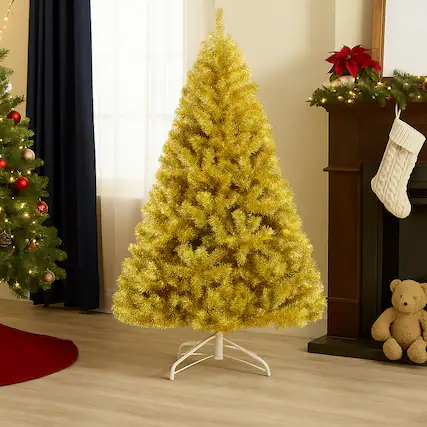 Front. BreeBe - Artificial Tinsel Xmas Tree 6/7.5 FT – Hinged Branches & Folding Stand - Gold.