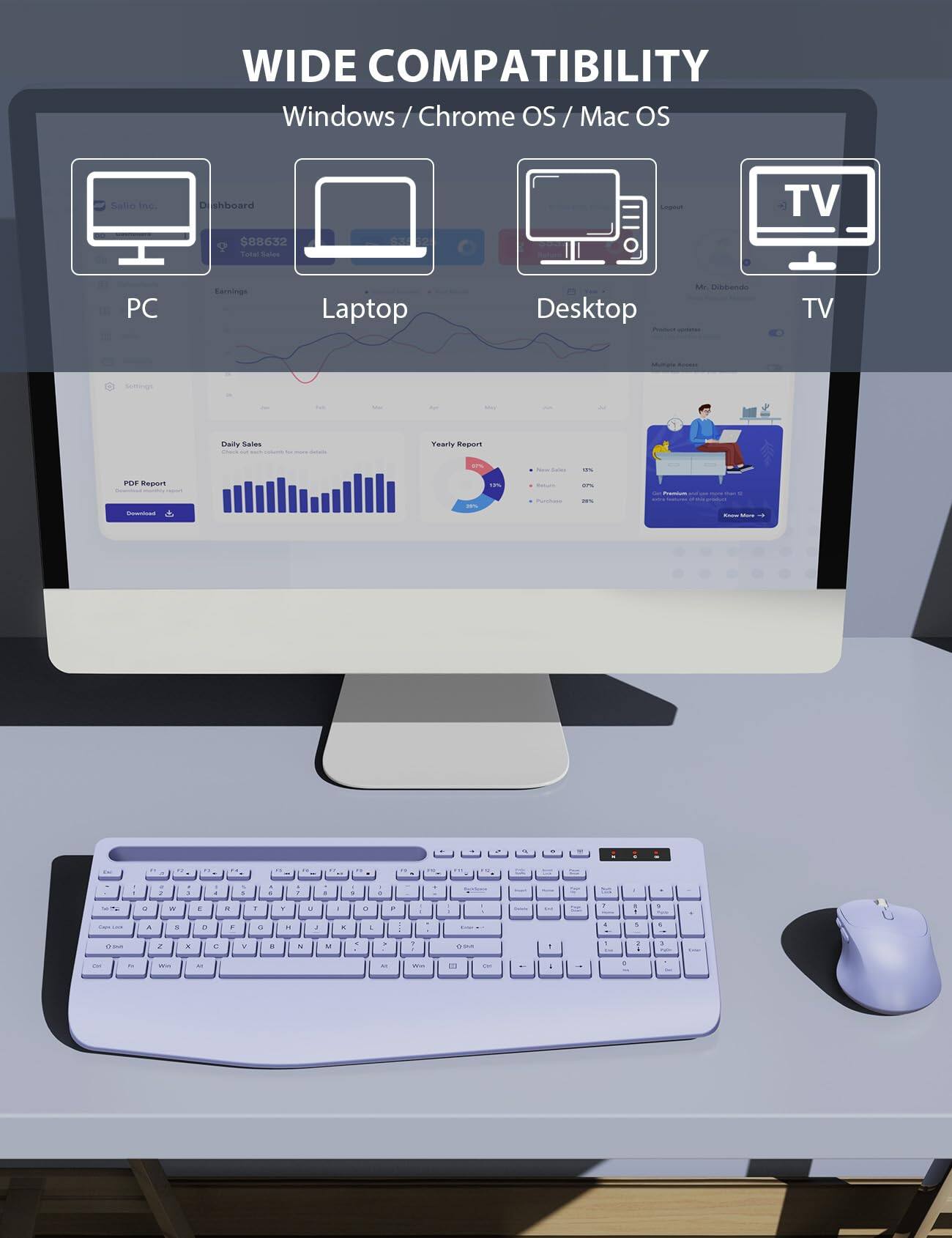 WIDE COMPATIBILITY  
Windows / Chrome OS / Mac OS  

PC  
Laptop  
Desktop  
TV  

PDF Report  
Download  

Daily Sales  
Yearly Report  

Mr. Dibendro  
TV  

Salio Inc.  
Dashboard  
$88632  
Total Sales  

Earnings  

Daily Sales  
Yearly Report  

New Sales  
13%  
Return  
0%  
Purchase  
26%  

Know More →