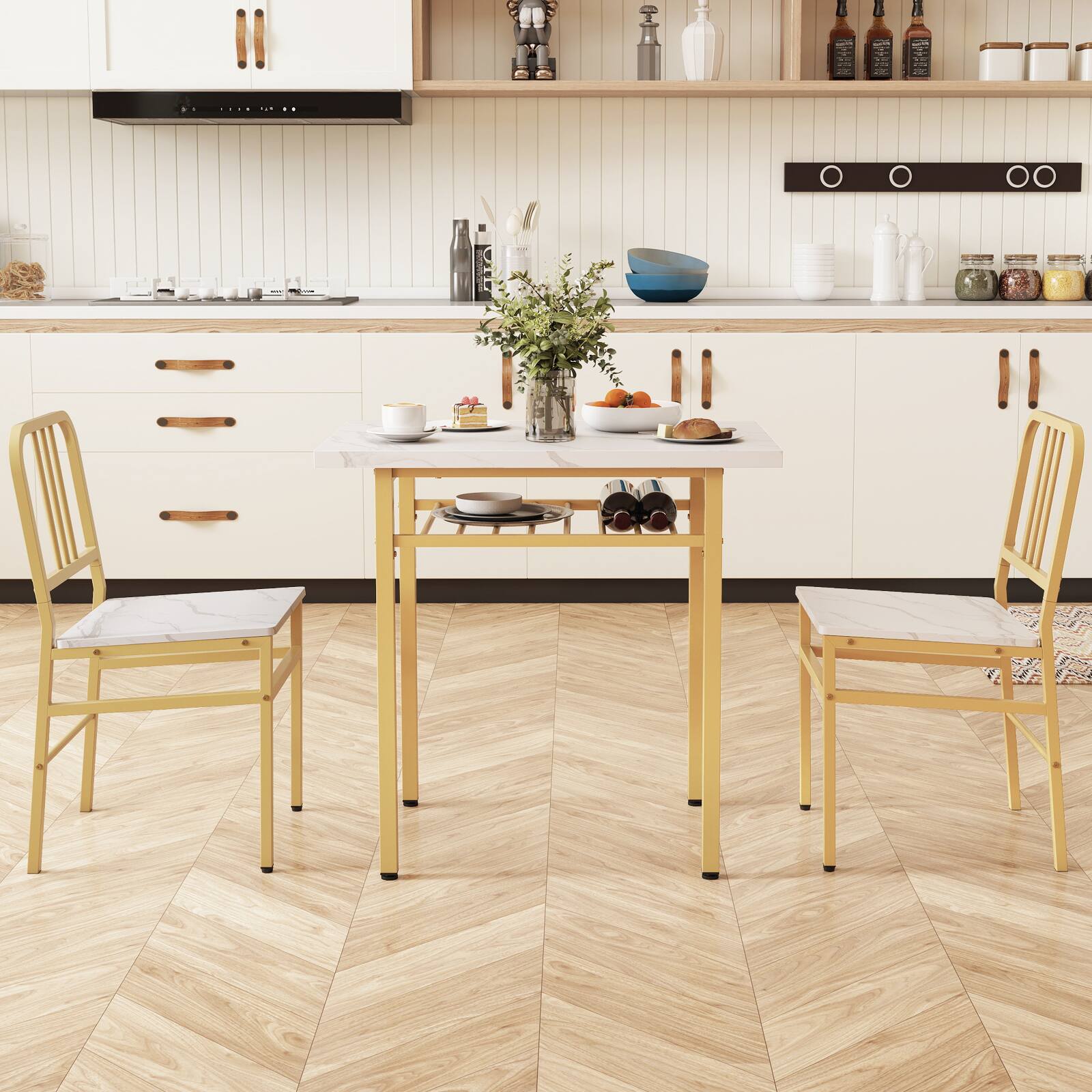 Alt View 3. Gymax - Gymax 3-Piece Rectangular Dining Table&Chairs Set Wooden Breakfast Nook w/Storage Rack White & Gold - White.