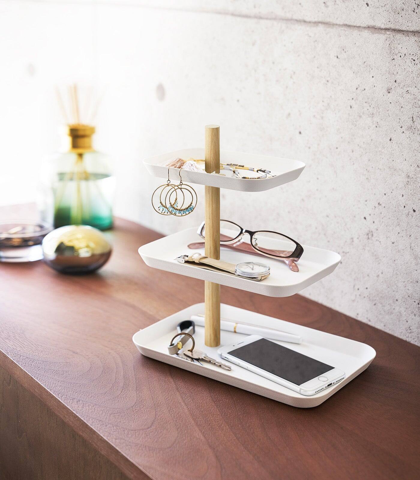 Angle. Yamazaki Home - Three-Tier Display Tray - Steel - Ash.