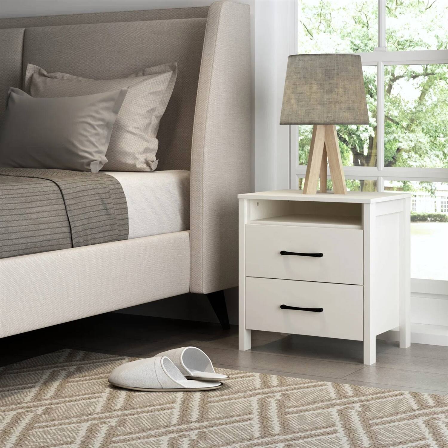 Angle. SlickBlue - Stylish 2-Drawer Nightstand with Open Shelf – Bedroom Storage Table, Modern Design - Ivory.