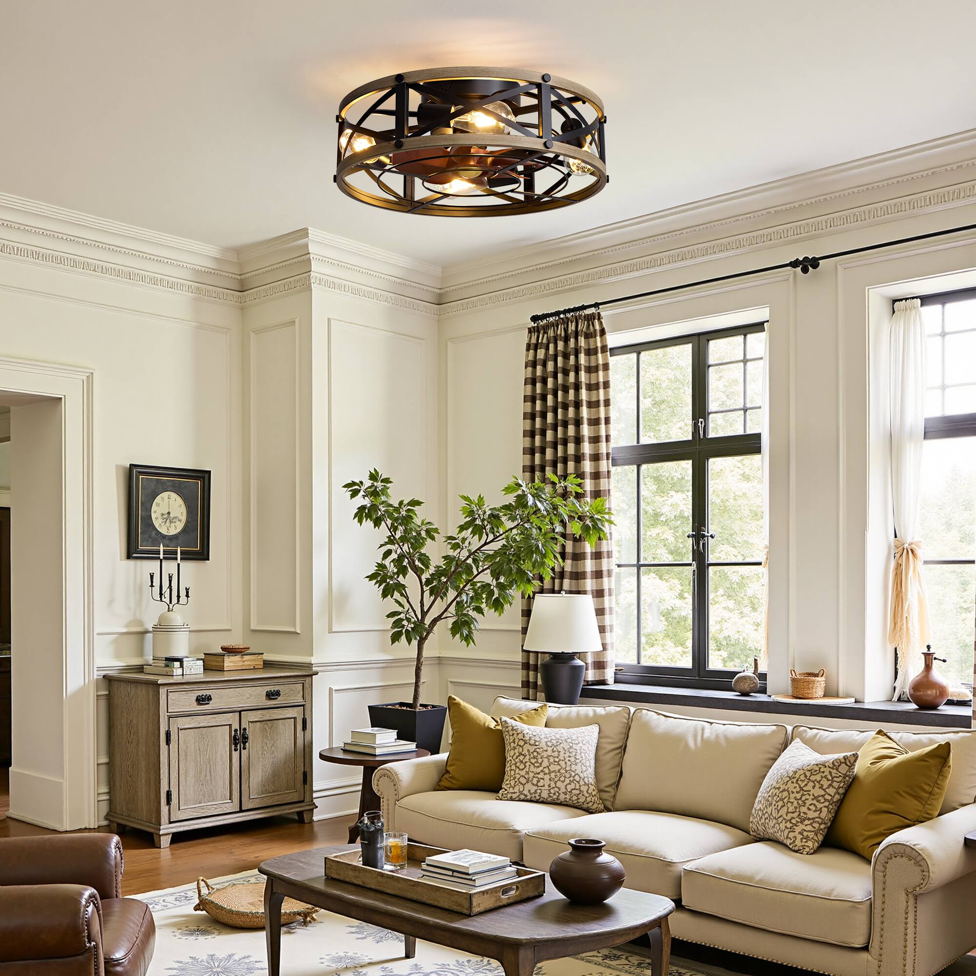 Alt View 5. Siljoy - 20 Inch Light Wood Grain Caged Flush Mount Ceiling Fan Light, Rustic Silent Low Profile Fan Lamp for Bedroom - Brown.