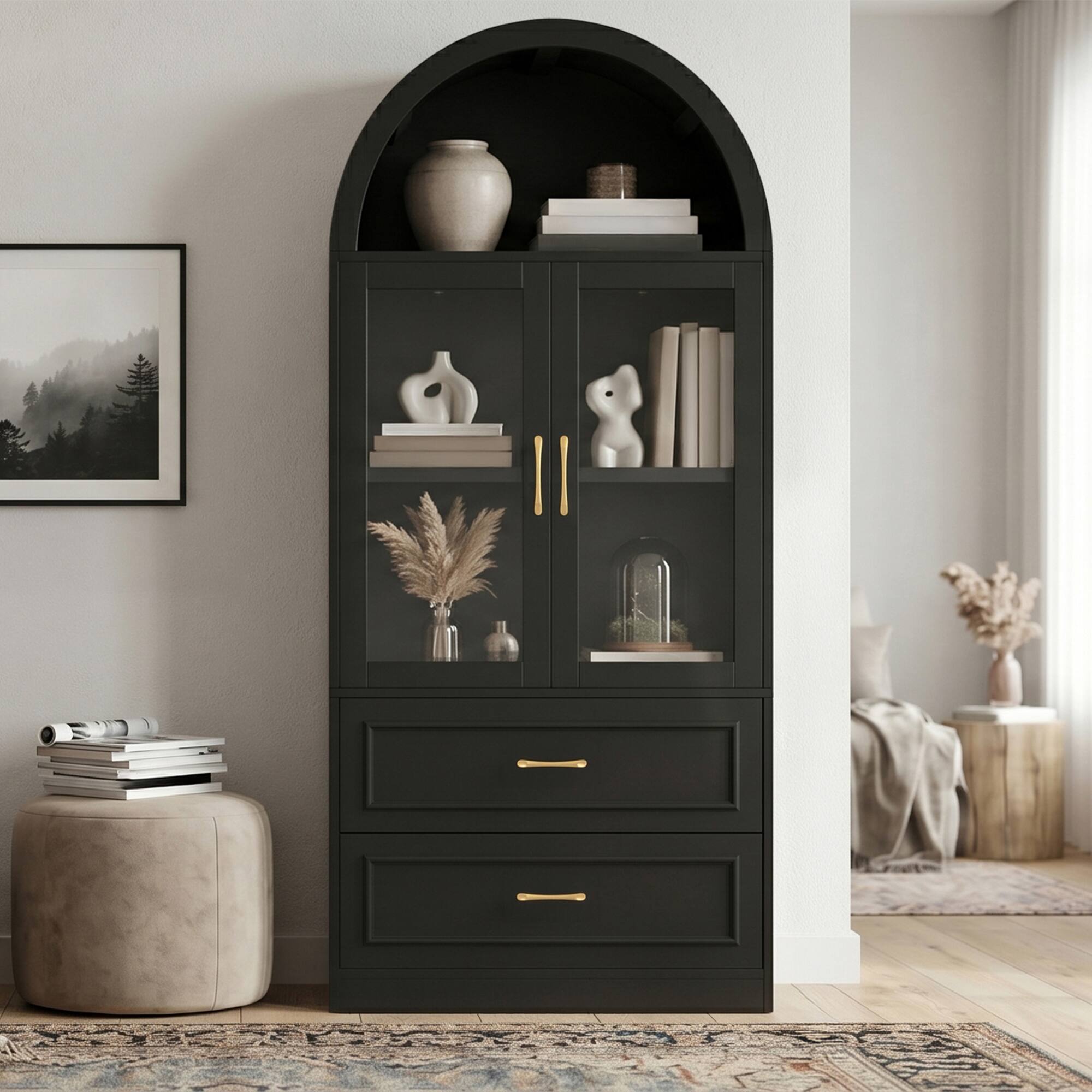 Left. Loheer - Loheer Black Tall Cabinet, Arched Storage Cabinet with Glass Doors, Modern Display Cabinet for Living Room - Black.
