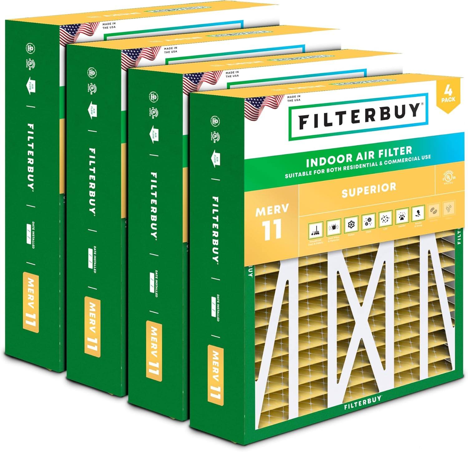 FILTERBUY

INDOOR AIR FILTER

SUITABLE FOR BOTH RESIDENTIAL & COMMERCIAL USE

MERV 11

SUPERIOR

MADE IN THE USA

4 PACK