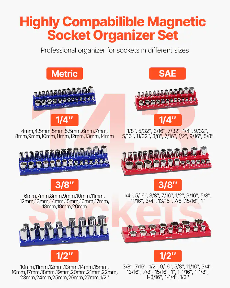 VEVOR Magnetic Socket Organizer Set, 6PCS Socket Holder, 1/4'', 3/8 ...