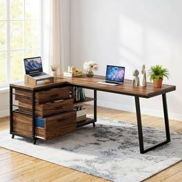 Kadyn - Study Writing Desk, Computer Desk,53" Reversible L-Shaped Computer Desk With 3 Drawers & Shelves - Gray