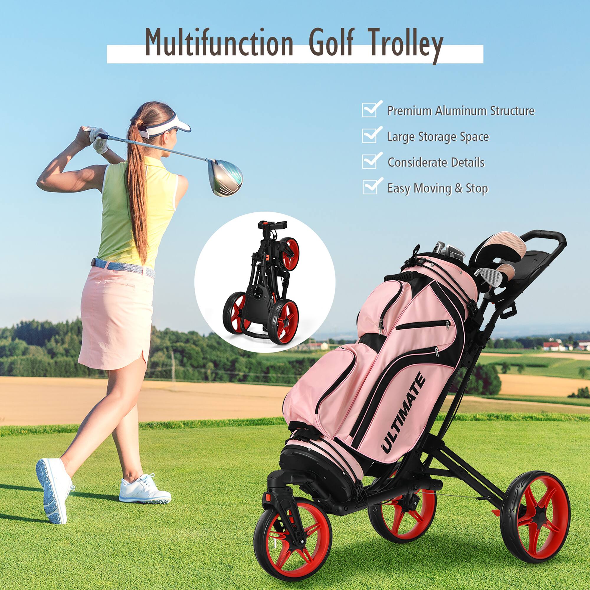 Multifunction Golf Trolley

- Premium Aluminum Structure
- Large Storage Space
- Considerate Details
- Easy Moving & Stop