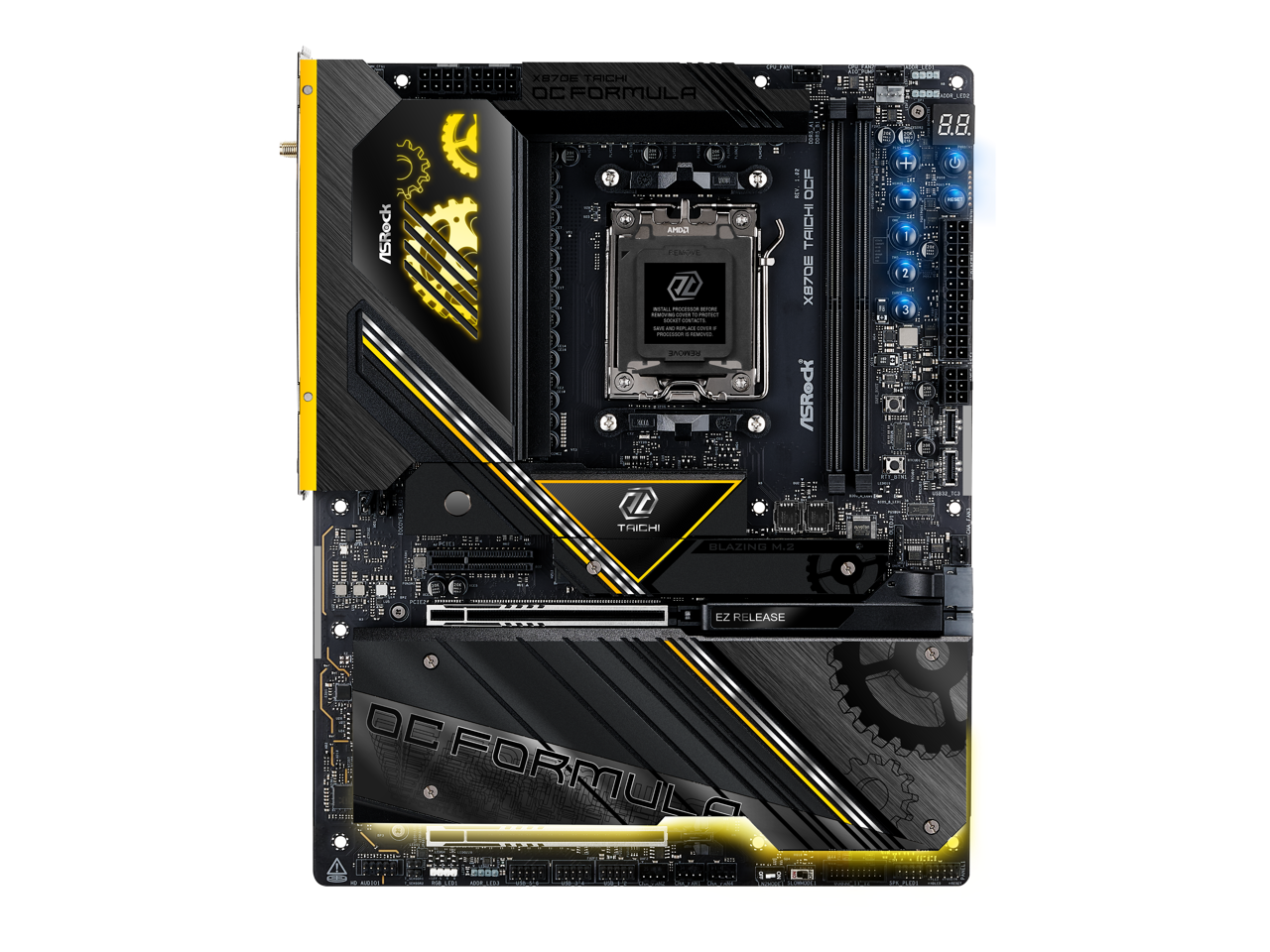X870E TRICHI OC FORMULA  
30S  
S00  
ASRock  
E  
SEI  
1hO  
f  
E  
AMDO  
I  
T  
nnos  
i  
3  
1  
OCF  
TACH  
XB7OE  
ASRock  
R  
2  
3  
B  
O  
O.0.  
L  
1  
L  
TRCH  
BLAZING  
M.2  
Pa..R  
EZ  
RELEASE  
OC  
FORMULA