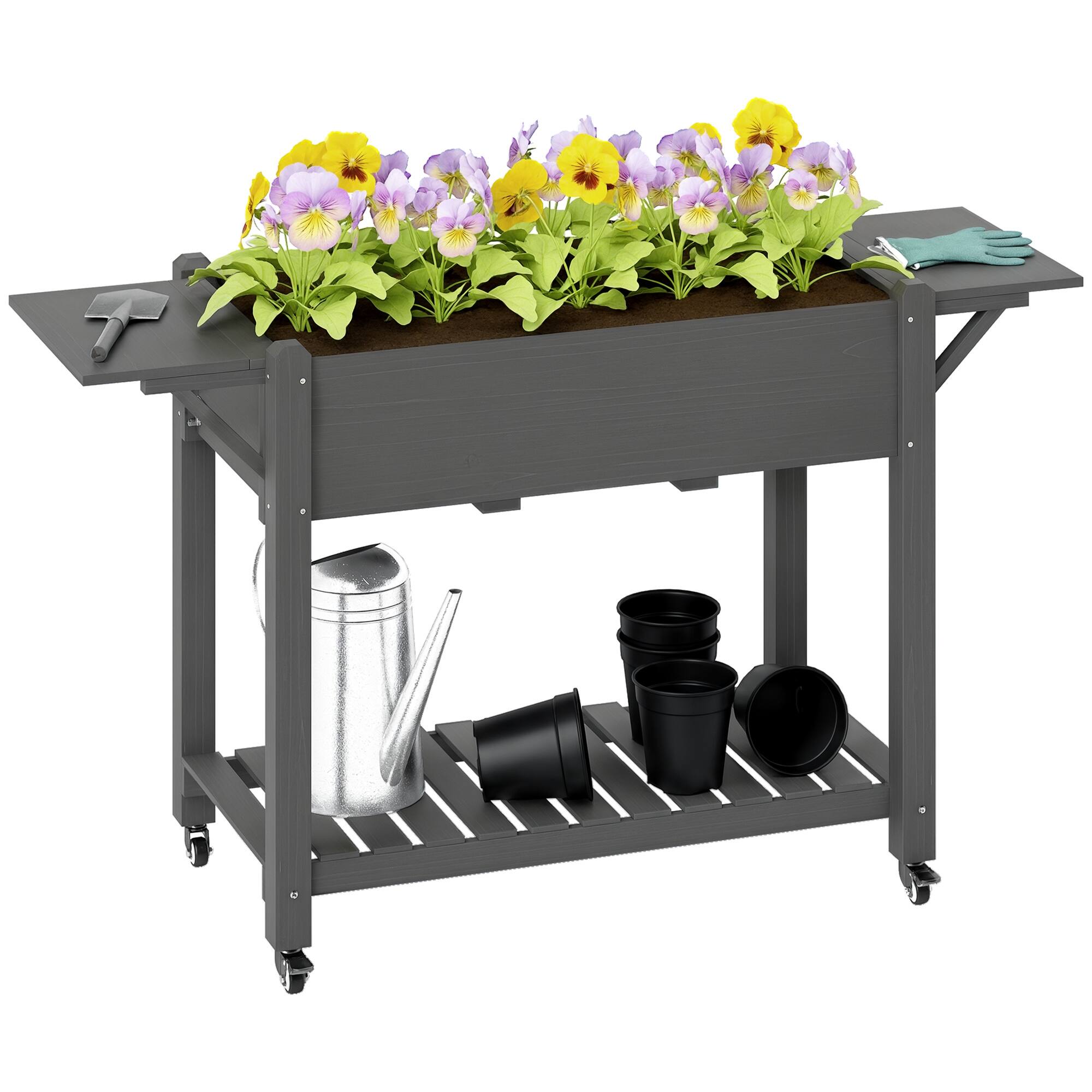 Outsunny - Raised Garden Bed, 57 x 20.5 x 34 in Wood Elevated Planter Box with Lockable Wheels, Side Tables and Bottom Shelf - Gray